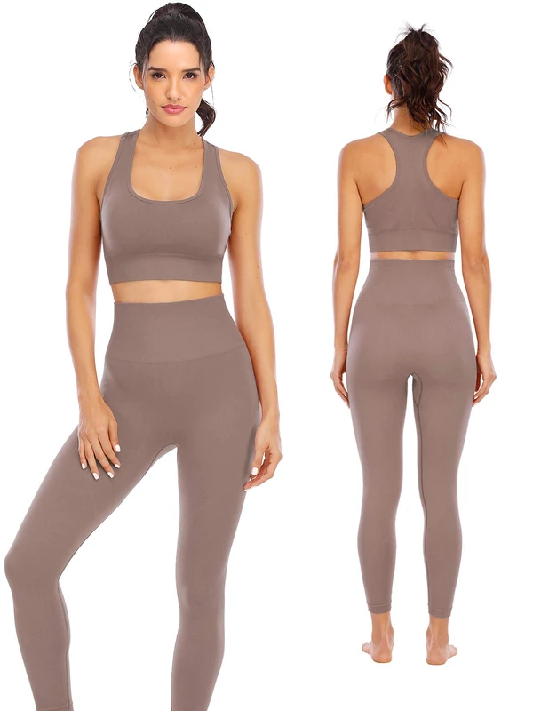 Workout Sets for Women 2 Piece High Waisted Seamless Leggings with Padded Stretchy Sports Bra Sets Yoga Outfit Gym Clothes - - Large