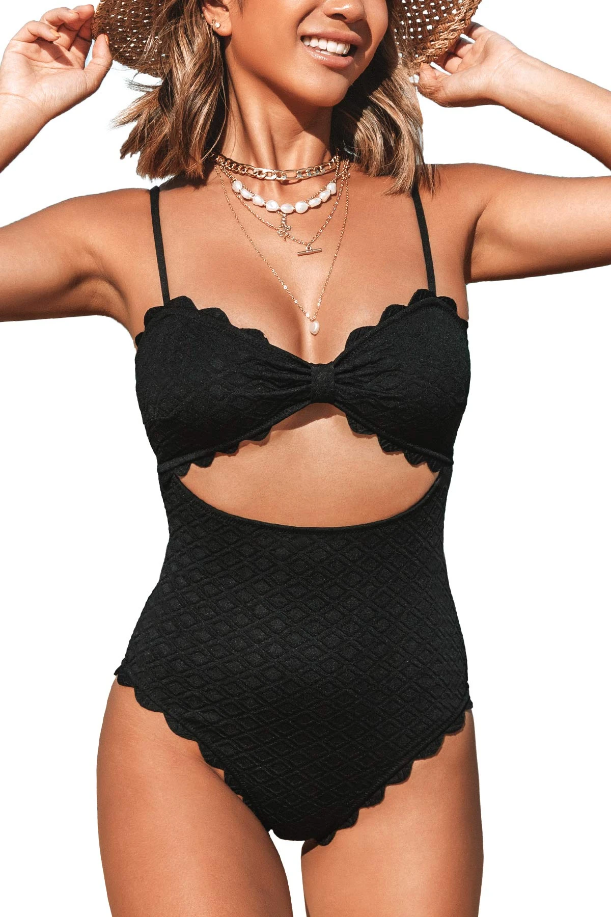 CUPSHE Women's One Piece Swimsuit Sexy Cutout Scallop Trim Bathing Suit Swimming Costume Black XL