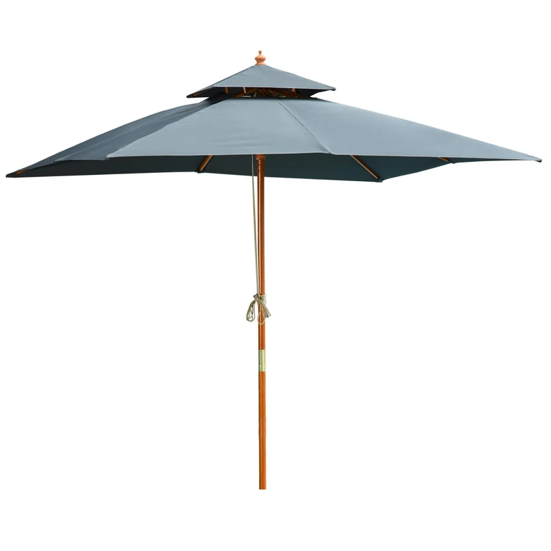 Outsunny 3 x 3 m Garden Parasol Umbrella, Large Square Outdoor Wooden Table Parasol with Double Tier, 48 mm Wooden Pole, 8 Ribs, Patio Sunshade for Balcony, Dark Grey