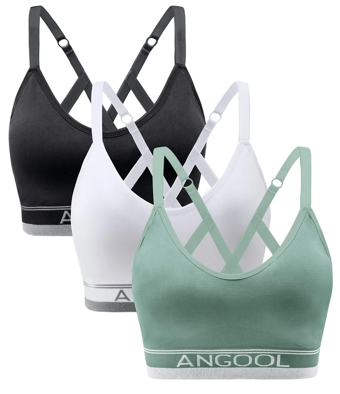 ANGOOL Women's Wireless Seamless Sports Bra, Padded Racerback Adjustable Straps Longline Yoga Gym Training Bra, Black+White+Green,M