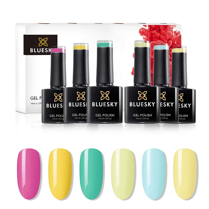 Bluesky Gel Nail Polish Set, Dance Your Way Spring 2021 Collection - 6 x 10ml Gel Nail Polishes. Nude, Yellow, Green, Cream, Light Blue, Pink, Turquoise (Requires curing under UV/LED Lamp)