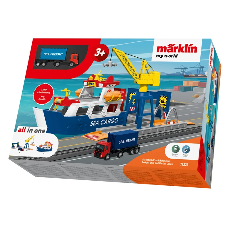 Märklin My World - 72223 Cargo Ship and Port Crane - Play Set with Moving Crane - Realistic Loading and Unloading - Accessories - for Children from 3 Years - Track H0