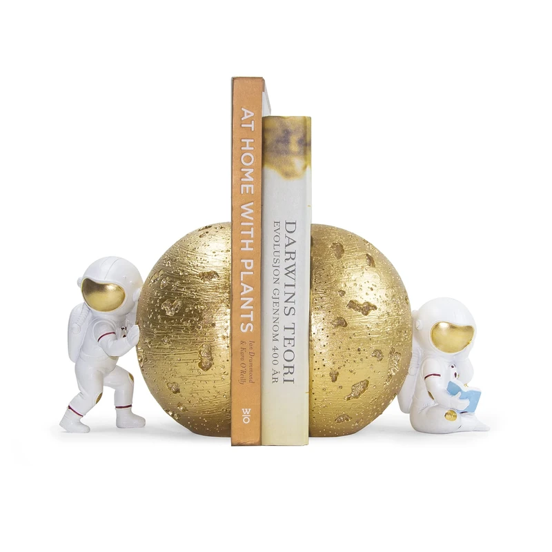Banllis Heavy Duty Astronaut Bookends, Space-Themed Book Ends for Kids Room & Nursery Decor, Gold Moon Book Stoppers to Hold Books, Decorative Bookends for Shelves, Ideal for Boys and Girls