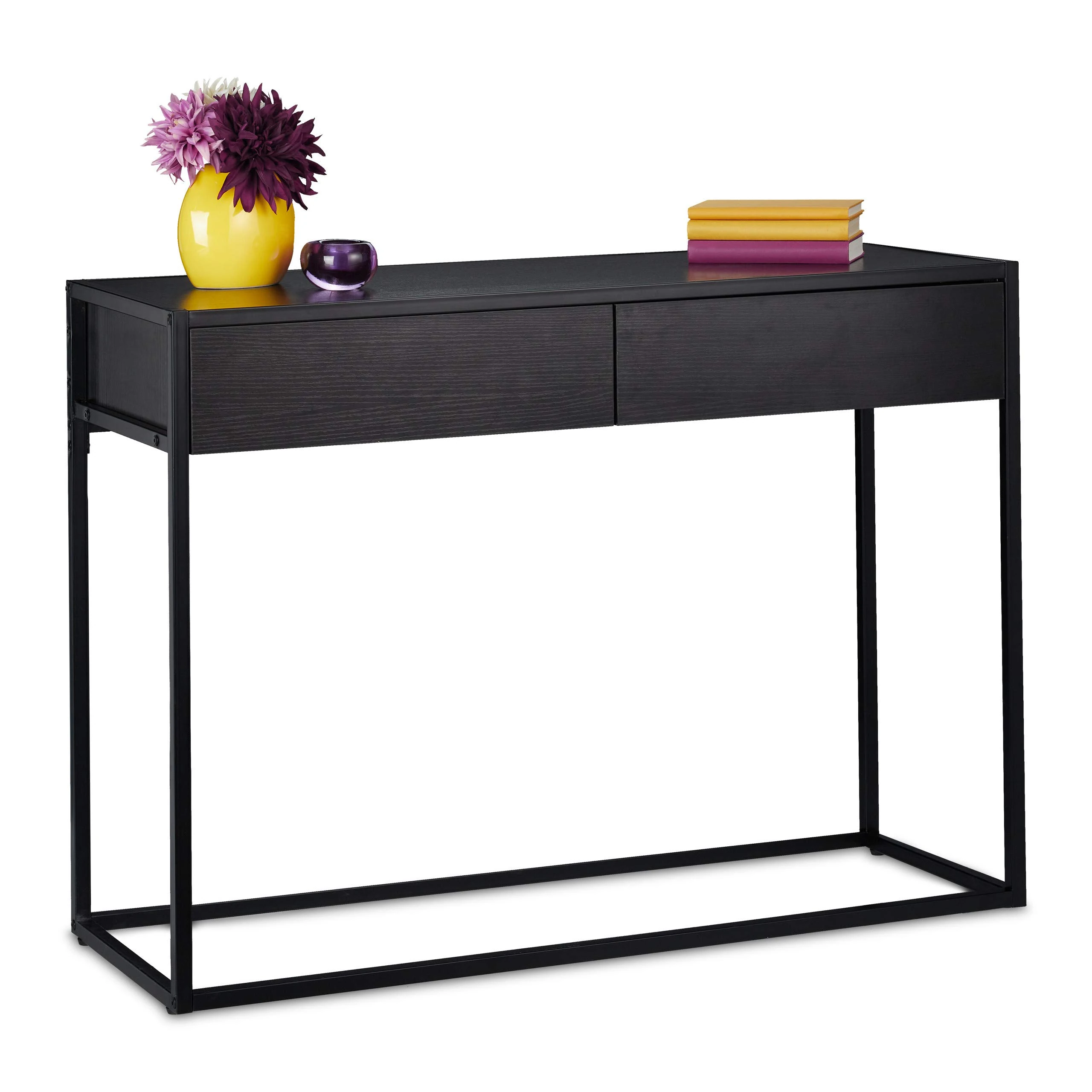 Relaxdays console table, hallway sideboard with two drawers, 40x110x80.5cm (LxWxH), narrow side unit, living room, black
