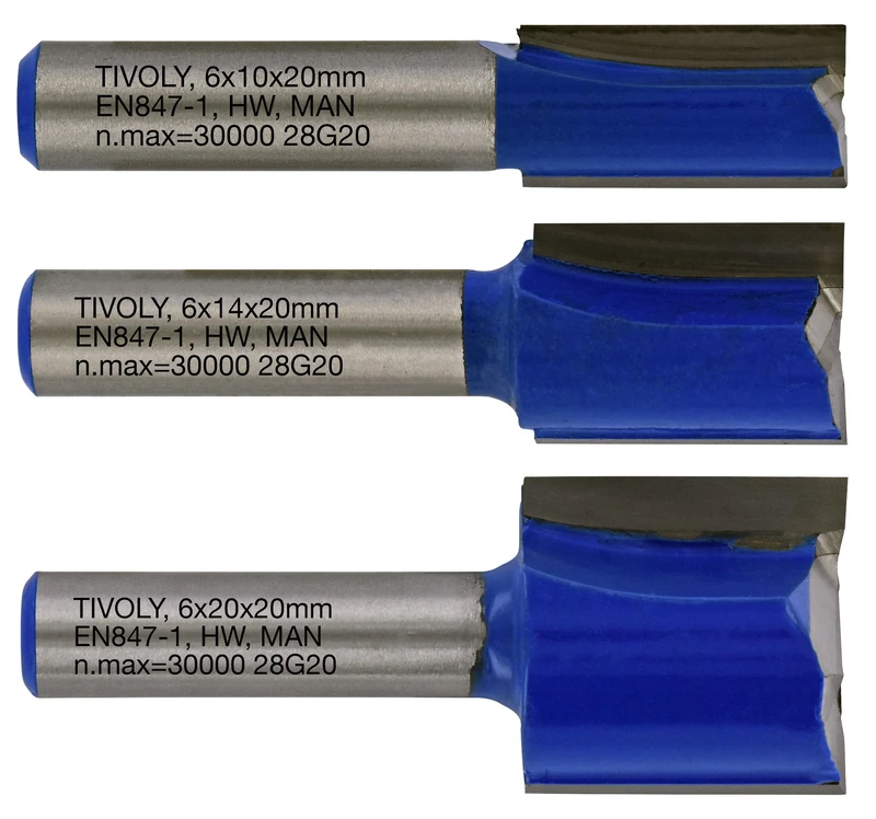 Tivoly XT60642067305 Straight Router Bits | 2 Diamond Cut Cutters Diameter 10-14-20 mm, Blue