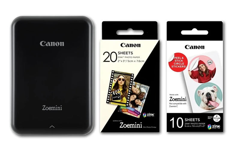 Canon Zoemini Instant Mini Photo Printer (Black) + pack of 20 sheets + pack of 10 circle stickers