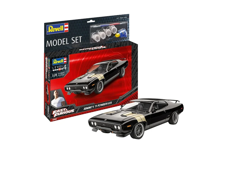 Revell Model Set 67692 Fast & Furious Dominic's 1971 Plymouth GTX 1:24 Scale Unbuilt/Unpainted Plastic Model Kit with Contacta Professional Glue, Paintbrush & Selected Aqua Color Paints