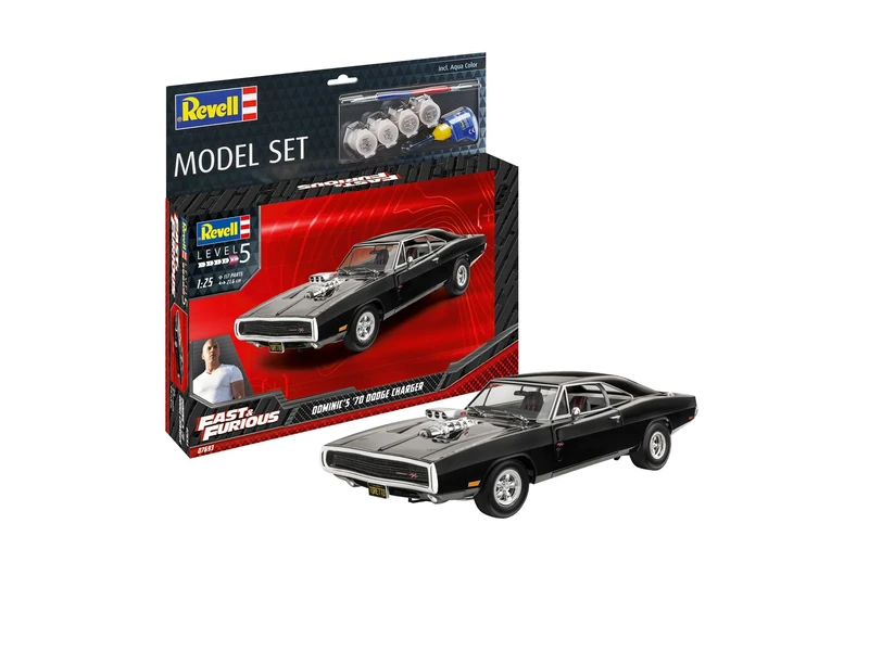 Revell Model Set 67693 Fast & Furious Dominic's 1970 Dodge Charger 1:25 Scale Unbuilt/Unpainted Plastic Model Kit with Contacta Professional Glue, Paintbrush & Selected Aqua Color Paints