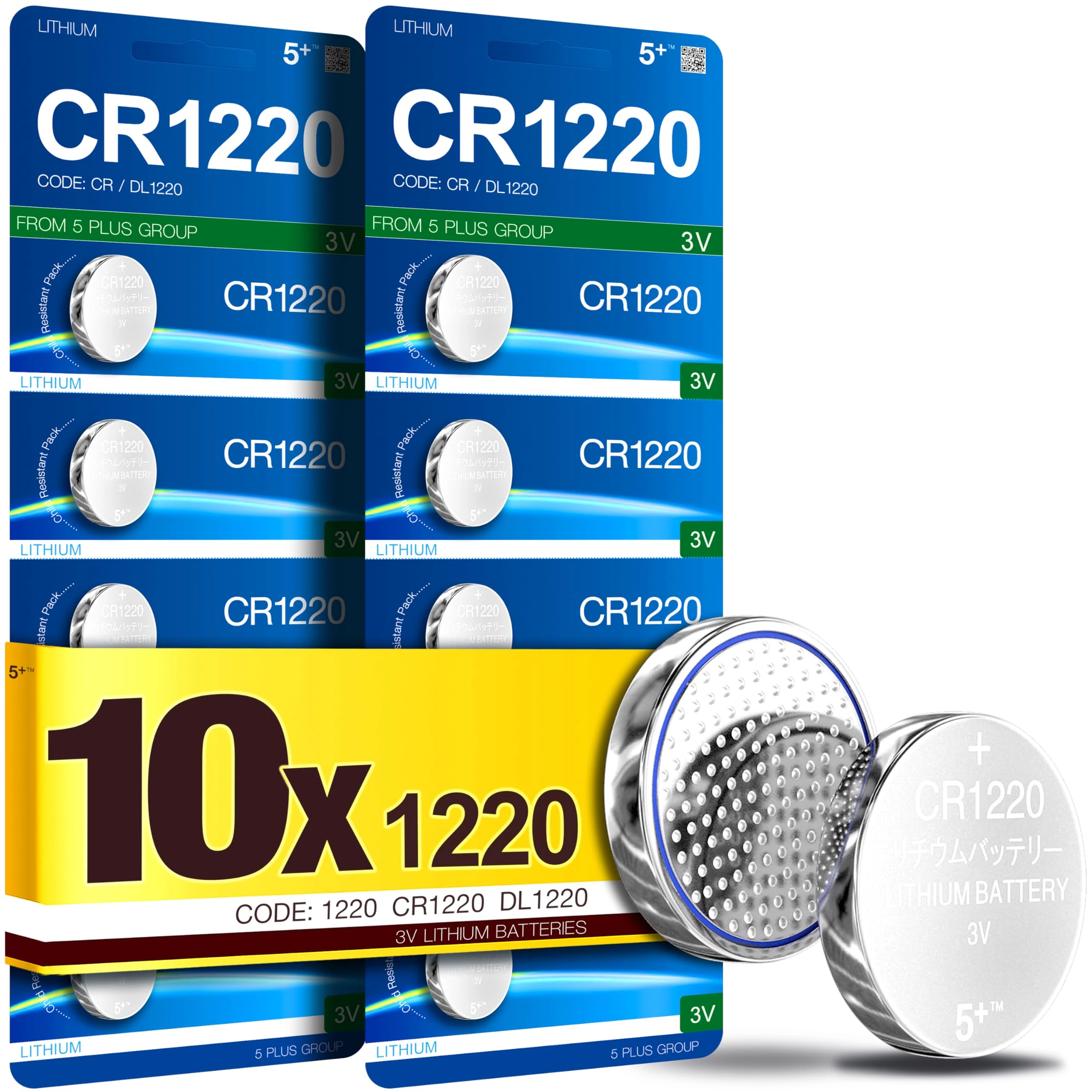 5Plus Group 10 Pcs CR1220 3V Lithium Coin Cell Batteries – CR1220, DL1220, ECR1220 – for Watches, Remotes, LED Lights, Toys, Car Keys, Scales & More – Long-Lasting Power for Electronics