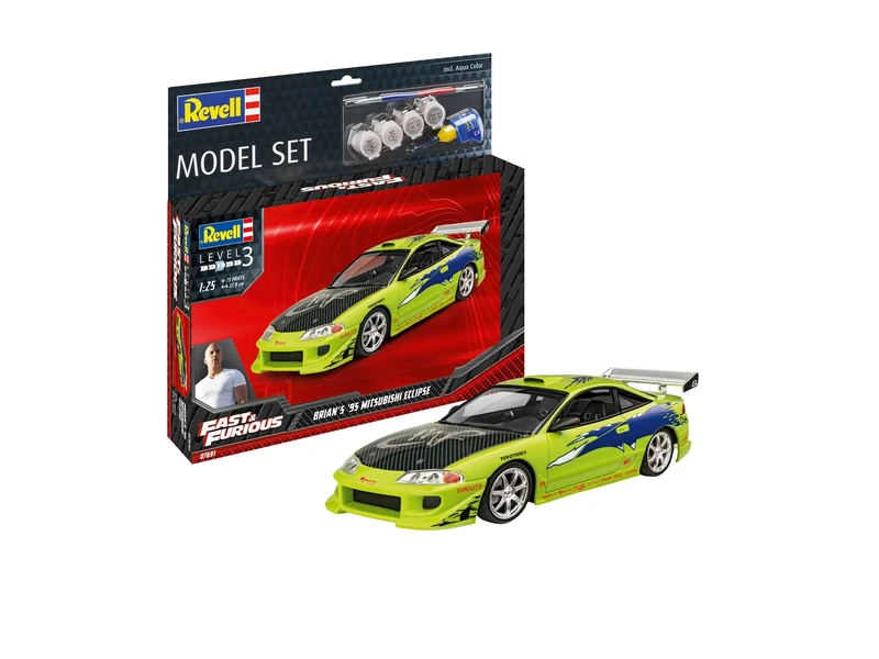 Revell Model Set 67691 Fast & Furious Brian's 1995 Mitsubishi Eclipse 1:25 Scale Unbuilt/Unpainted Plastic Model Kit with Contacta Professional Glue, Paintbrush & Selected Aqua Color Paints