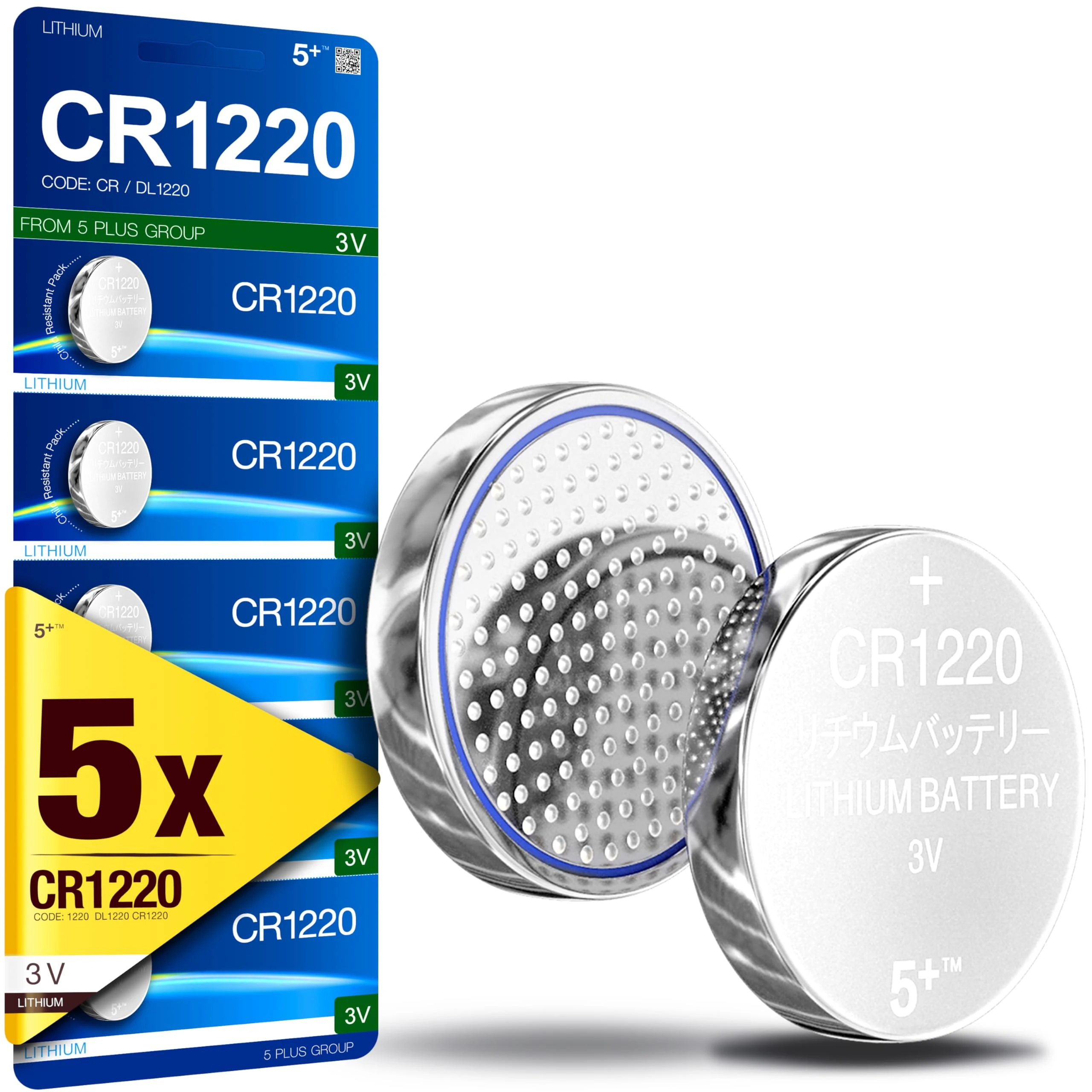 5Plus 5 PCS CR1220 Battery 3V Lithium CR 1220 Batteries CR1220 DL1220 ECR1220 for watches, Remotes, LED lights, electronic devices, Toys, Car key, Scales