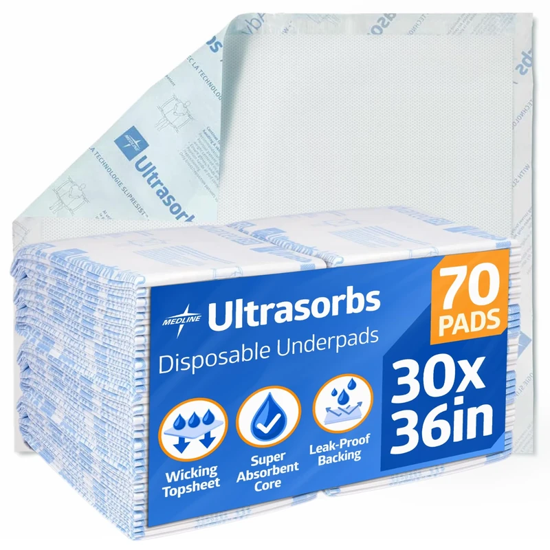 Medline Ultrasorbs Advanced Disposable Underpads with SlipResist Technology, 30" x 36", 70 Count