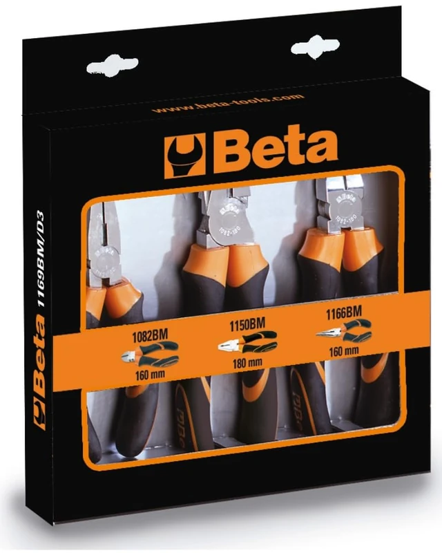 Beta 1169BM/D3 - Assortment of 1 Universal Pliers, 1 Long Nose Pliers and 1 Cutter, Chrome Bi-Material Handle