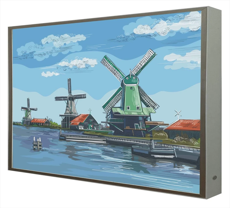 Picture with White Lacquered Wooden Frame Illuminated with LED Light Mills in Amsterdarm