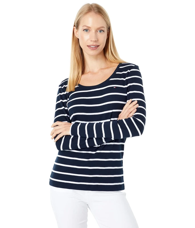 Tommy Hilfiger Women's Long Sleeve Scoop Neck Tee, Sky Captain/White Stripe, Large