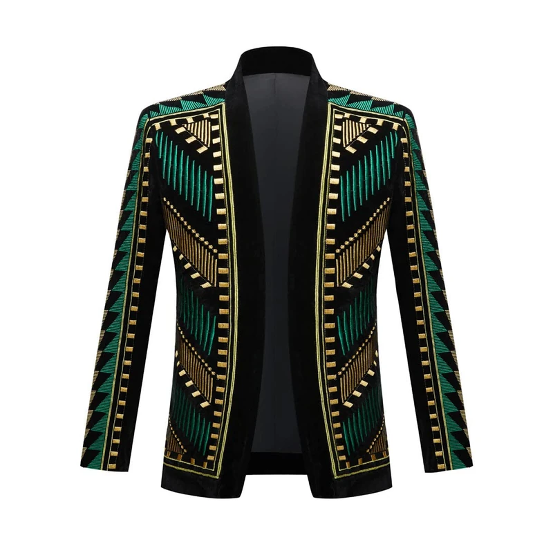 PYJTRL Mens Stylish Court Prince Black Velvet Gold Embroidery Blazer Suit Jacket (Green Gold, M)