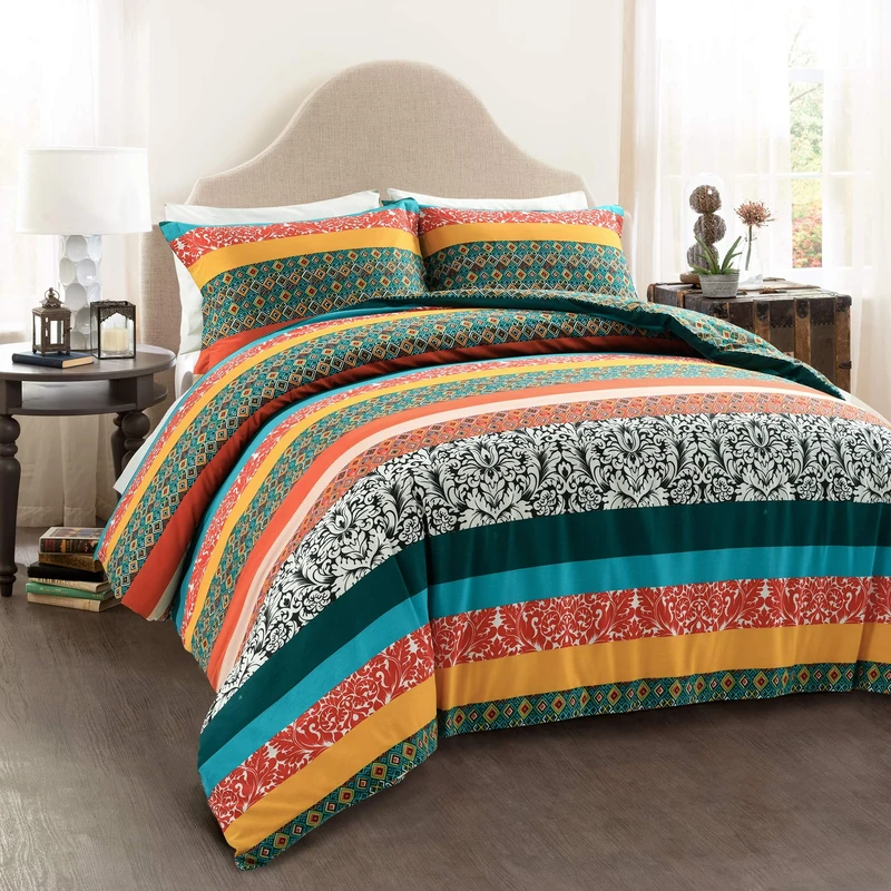 Lush Decor Boho Stripe Reversible Cotton 3 Piece Duvet Cover Set, Full/Queen, Turquoise & Tangerine