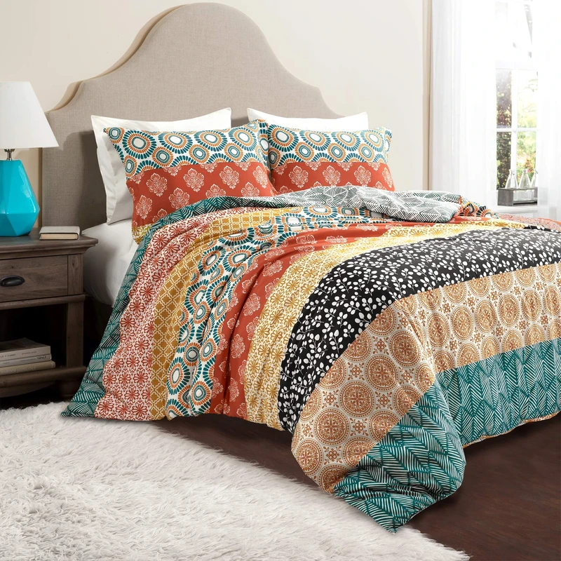 Lush Decor Bohemian Stripe Reversible Cotton Duvet Cover Set, 3 Piece Set, Full/Queen, Turquoise & Orange - Boho Bedding Set - Bold & Colorful - Striped Duvet Cover - Maximalist & Boho Bedroom Decor