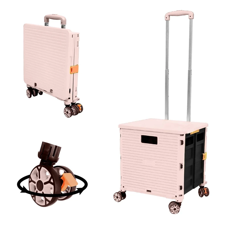 FELICON SELORSS Foldable Utility Cart Folding Portable Rolling Crate Handcart with Durable Heavy Duty Plastic Telescoping Handle Collapsible 4 Rotate Wheels for Travel Shop Move Luggage Office(Pink