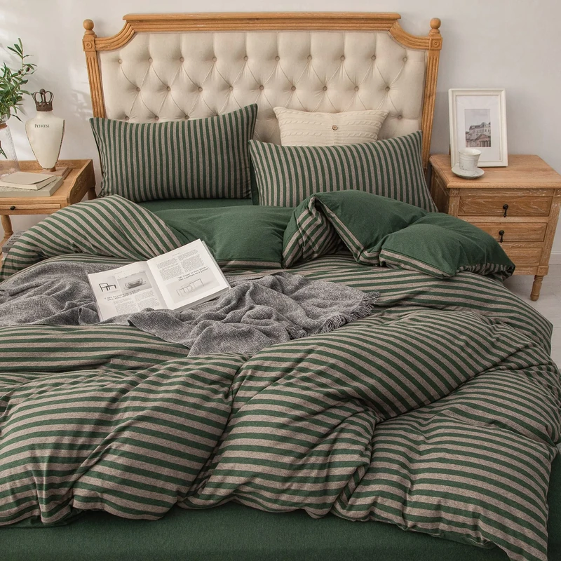PURE ERA Jersey Knit Duvet Cover Set 100% T-Shirt Heather Cotton Super Soft Comfortable Classic Stripe Design Zip Closure Forest Green Stripe Queen