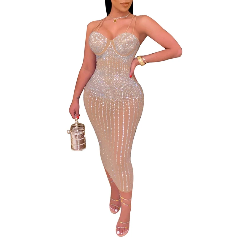 Women Long Sleeve Birthday Dresses Sexy hot Diamond Process Sexy Dress Party Club Night Dress…, Khaki, XL