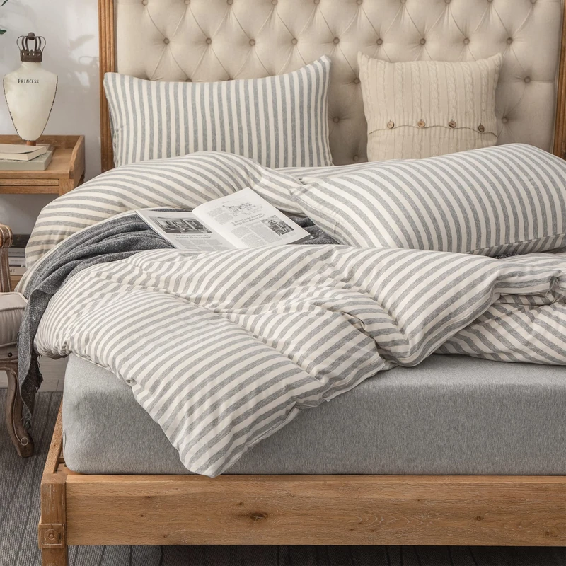 PURE ERA Jersey Knit Duvet Cover Set 100% T-Shirt Heather Cotton Super Soft Comfy Classic Striped Design, with Zipper Closure, Grey & White Stripe, King