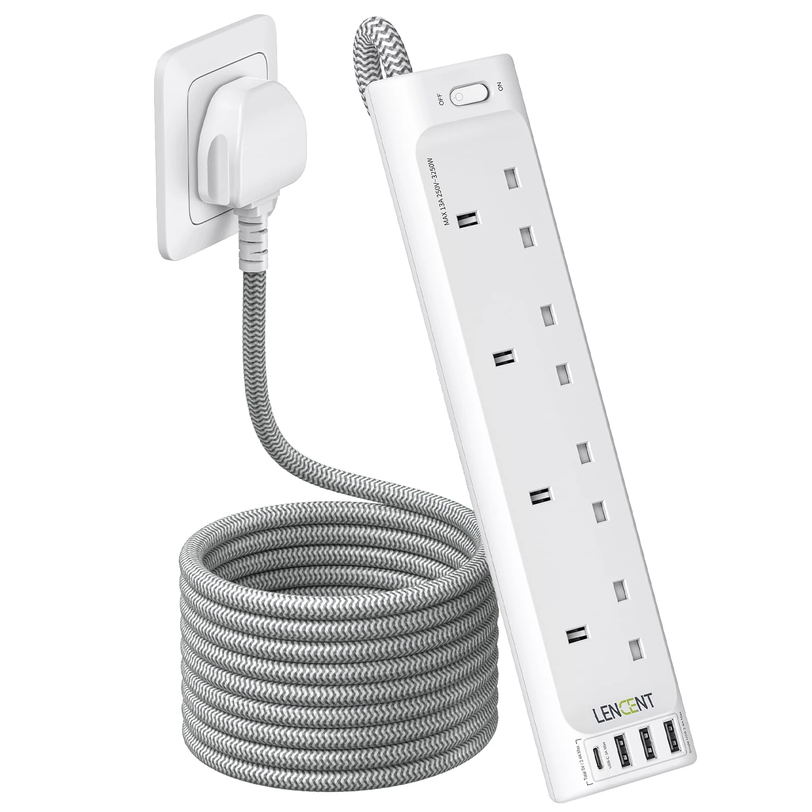LENCENT Extension Lead with USB C Port, 4 Way Outlets Power Strip with 1 USB-C and 3 USB Slots, Multi Power Plug Extension Socket with 1.8M Braided Extension Cord for Home Office, 3250W 13A