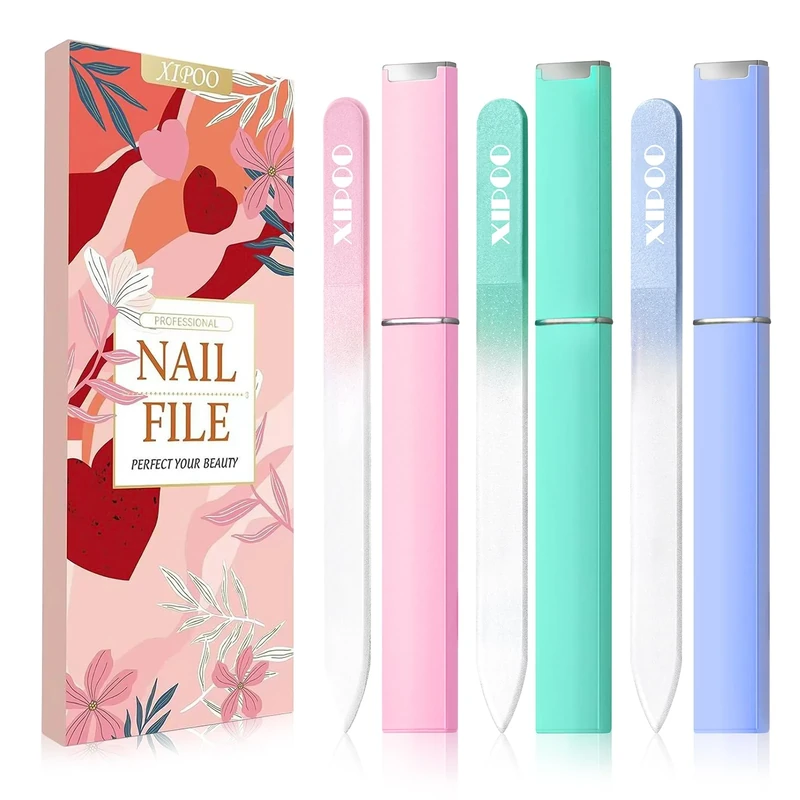 Nail File Glass Nail File 3 Pack Premium Glass Nail File with Case Crystal Nail File Professional Salon Manicure Tool for Natural Nails Stocking Fillers for Women and Girls