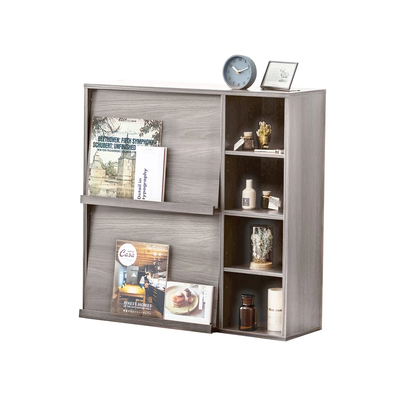 Iris Ohyama, Furniture, Shelf, Storage Bookcase, with 2 Flip Doors and 4 Compartments, Wood, Magazine Cabinet, for Bedroom, Living Room, Dining Room, Grey Oak, Flap Rack FR-F2 - Image 1