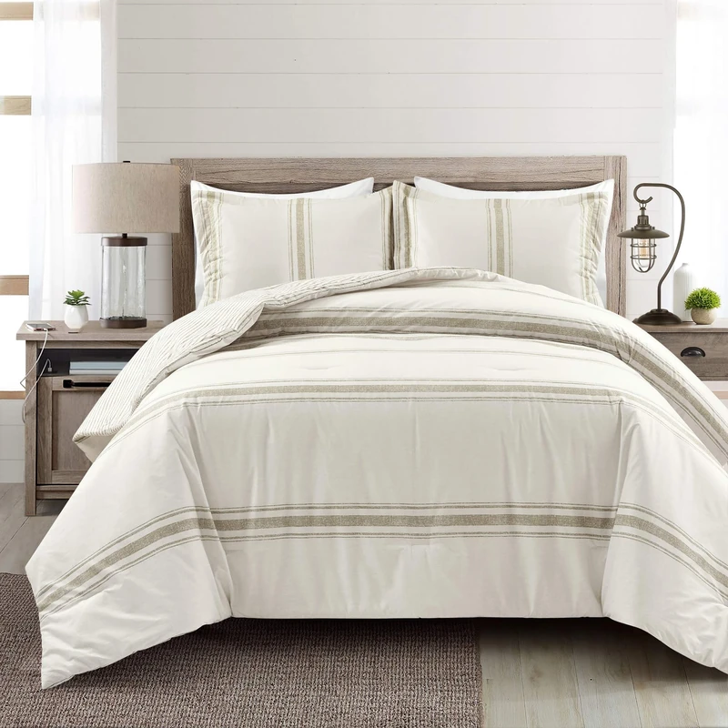 Lush Decor Farmhouse Stripe Reversible Cotton 3 Piece Comforter Set, Neutral, King