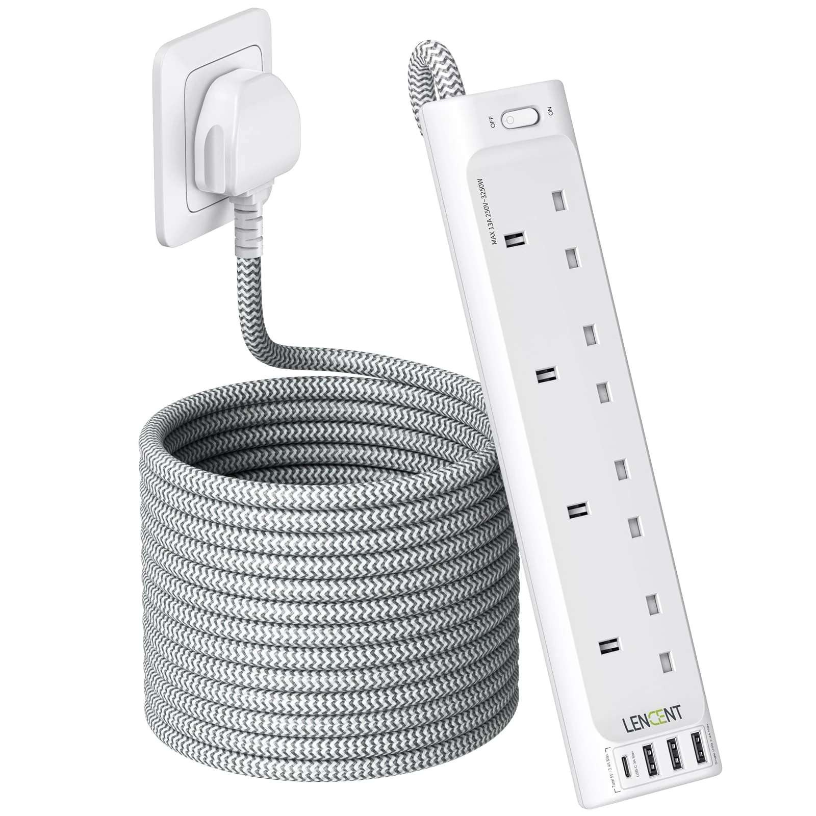 LENCENT 5M Extension Lead with USB Slots, 4 Way Outlets Power Strip with 4 USB Ports, Multi Power Plug Extension with 5M Braided Extension Cord for Home Office, 3250W 13A
