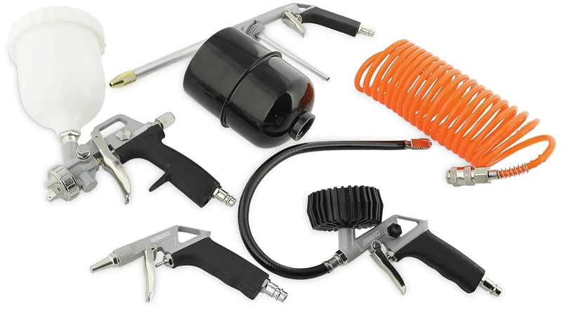 ABAC 8-piece compressor accessory set G-810P, includes tyre inflator with pressure gauge, blow-out gun, paint spray gun 600 ml, washing gun 900 ml, spiral hose 5 m