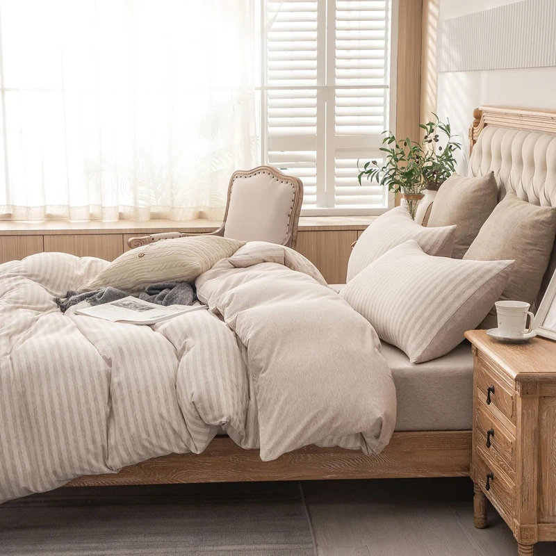 PURE ERA 100% Cotton Heather Jersey Duvet Cover Set, Super Soft and Comfortable, Classic Stripe Pattern, Zipper Closure, Beige Stripes, King Size