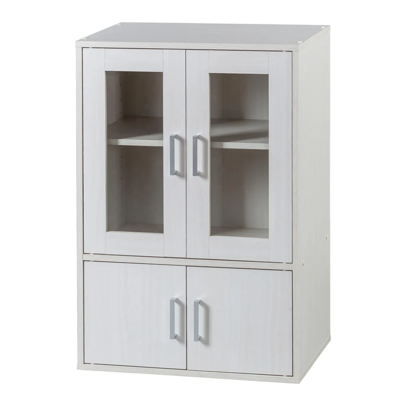 Iris Ohyama, Glass Cabinet with Shelves & Doors, Adjustable Shelf Height 3.2 cm, Kitchen/Living Room - White Oak
