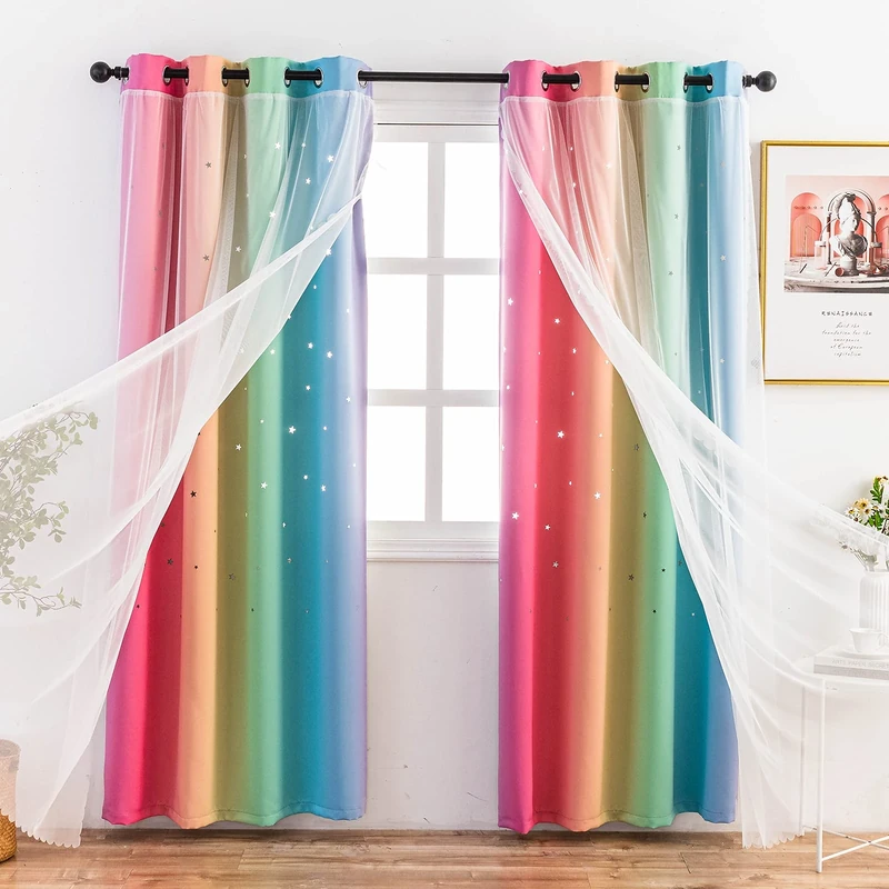 Stiio Kids Blackout Curtains 2 Panels, Star Cutout Ombre Stripe Rainbow Curtains Light Blocking Window Treatment for Girls Bedroom Home Decor, W52 x L63 inches