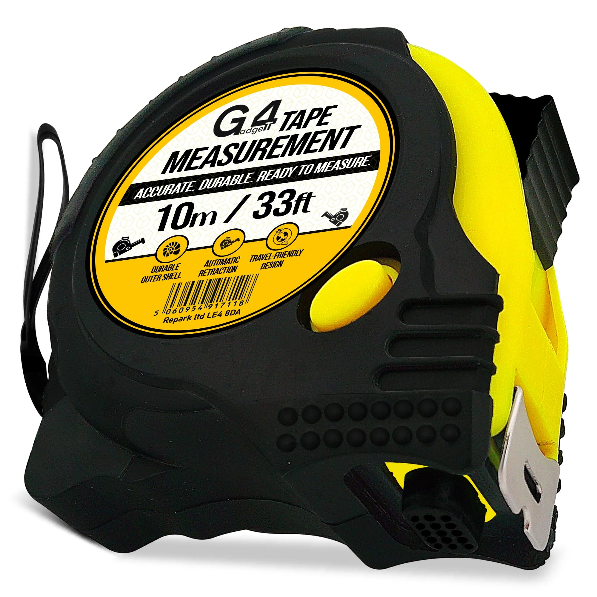 G4GADGET 10 Meter Tape Measure – Heavy Duty Retractable Griplock Design, 3 Lock Buttons, 25mm Wide Blade, Metric & Imperial Units, Shockproof Rubber Case, Pro Measuring Tool (Black Yellow)