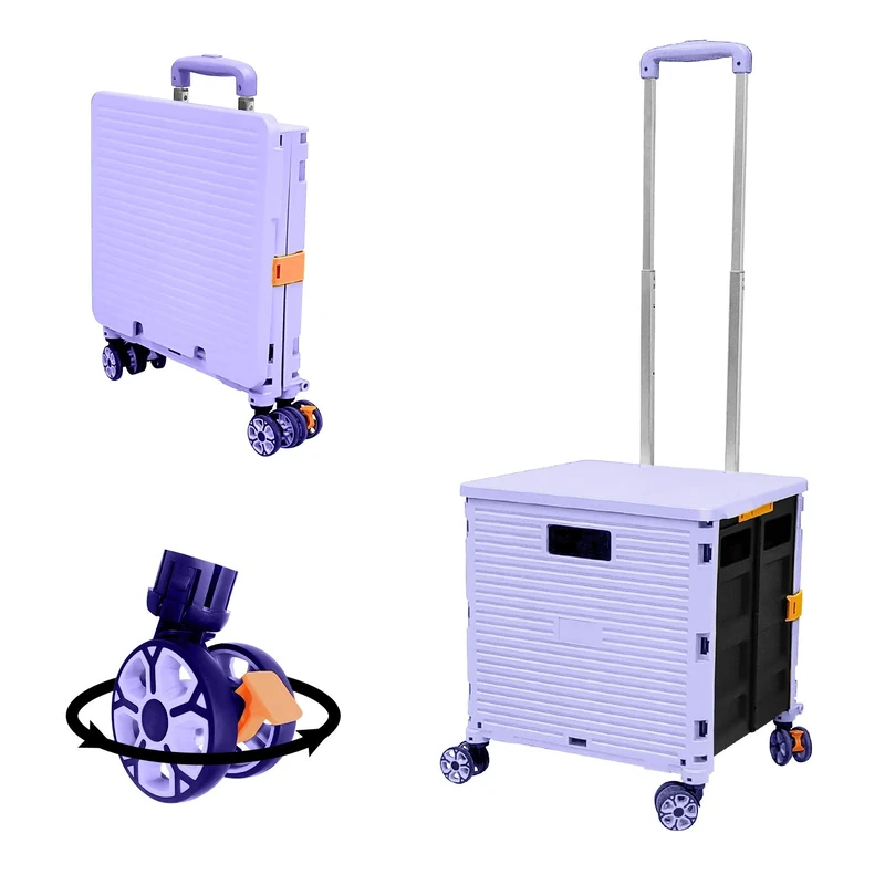 Foldable Utility Cart Folding Portable Rolling Crate Handcart with Durable Heavy Duty Plastic Telescoping Handle Collapsible 4 Rotate Wheels for Travel Shopping Moving Luggage Office Use(Purple)