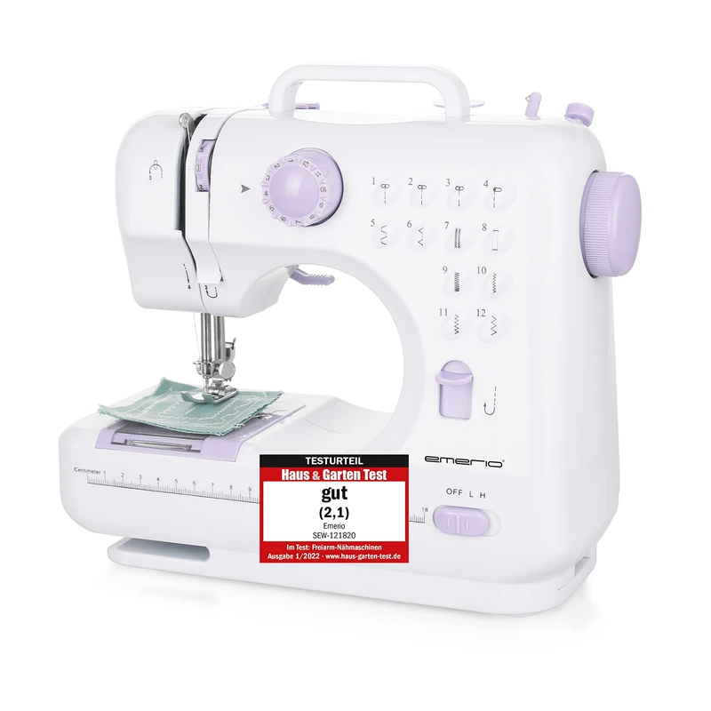 Emerio SEW-121820 Sewing Machine for Kids Beginners, 12 Stitch Patterns, Mini with Pedal, Power Supply and Battery, Home, LED Light, Automatic Front and Back, White/Pink