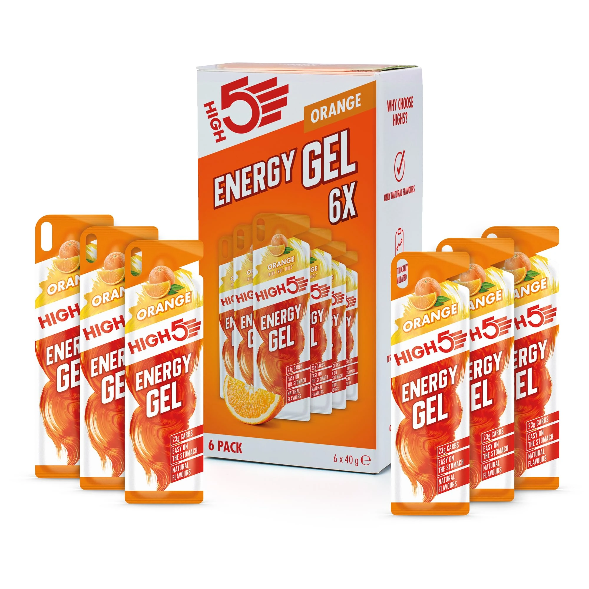 HIGH5 Carbohydrate Gels - Running Supplements for Fast Energy - Natural Fruit Juice & Caffeine-Free - Muscle Gel Endurance Fuel for Cycle Nutrition & Energy Gels for Hiking (Orange, 6 x 40g)