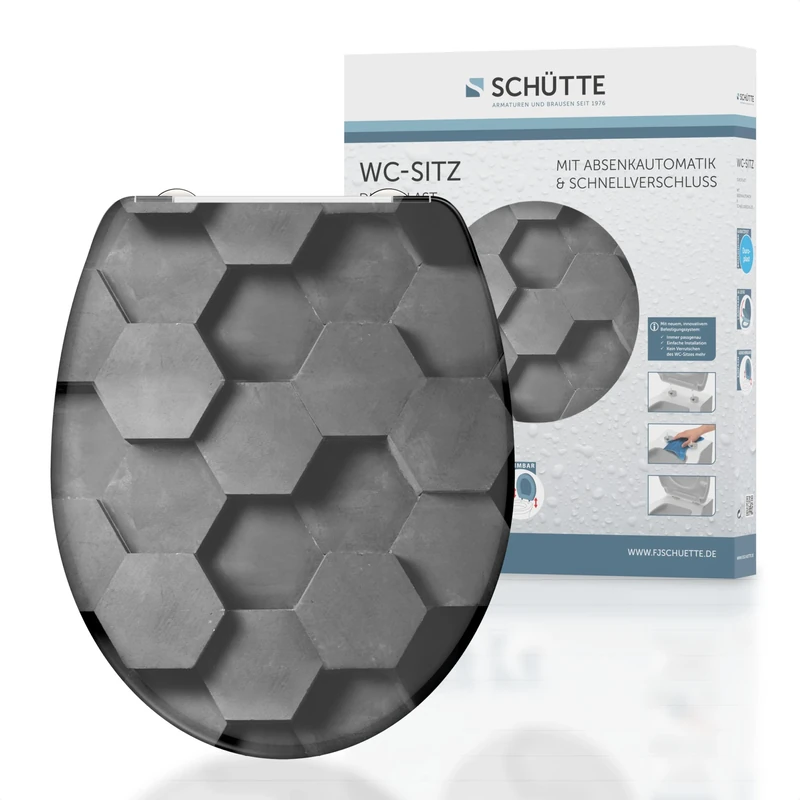 SCHÜTTE Hexagons Toilet Seat with Soft-Close Mechanism and Quick Release Made of Duroplast Toilet Seat with 175 kg Load Capacity