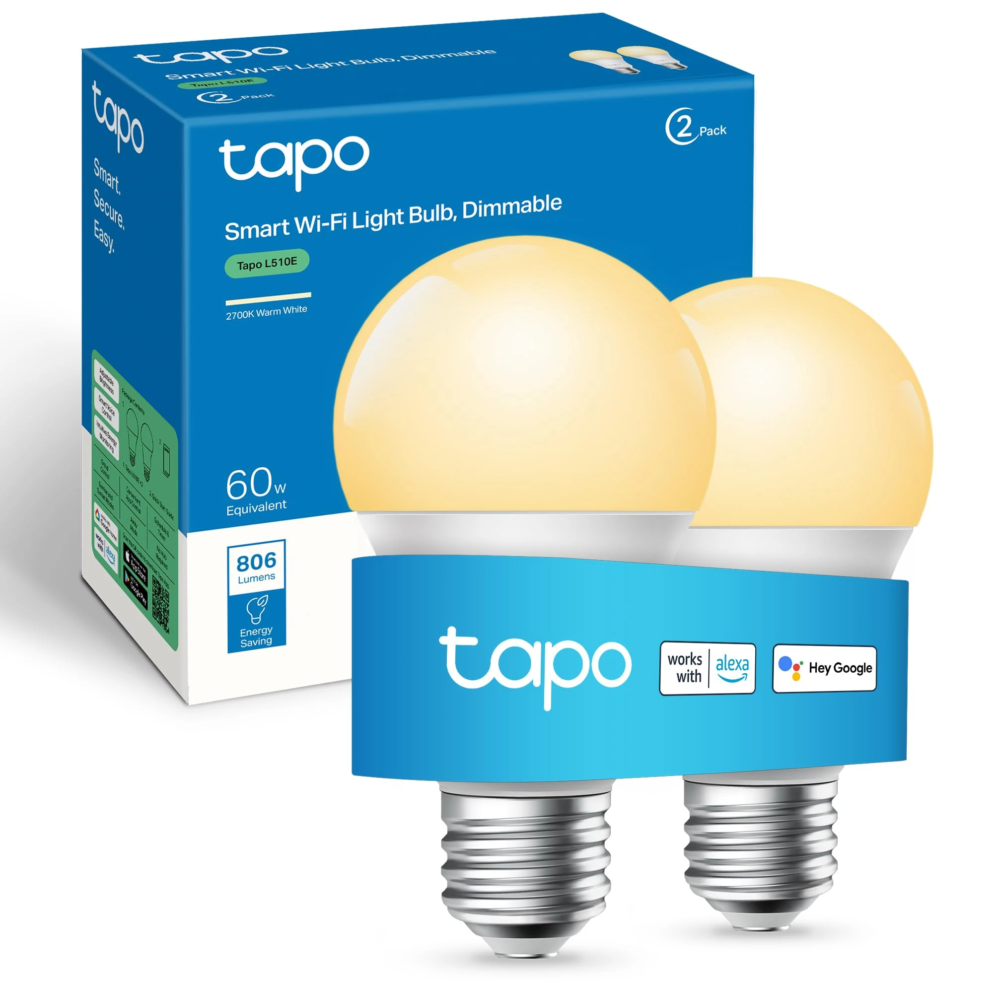 Tapo L510E (2-Pack) E27 Smart Bulb, Alexa Light Bulb, WiFi Smart Light Bulb, Dimmable, 8.3W (60W), Schedule & Timer, Away Mode, Energy Saving, Preset for Convenience, Voice Control with Alexa & Google