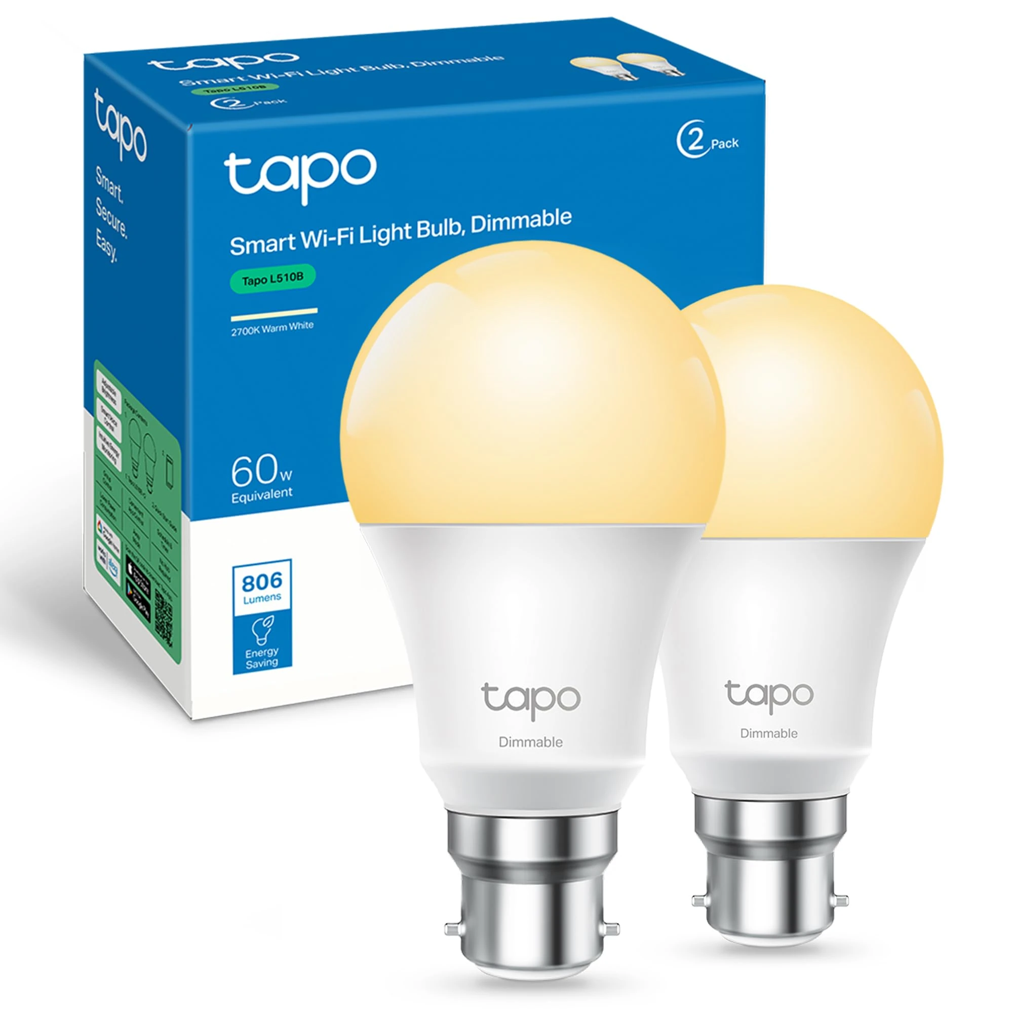 Tapo L510B (2-Pack) Smart Bulb, B22 LED Light Bulb, Alexa Light Bulbs, Dimmable Bulb,Energy Monitoring, 8.3W (60W), Schedule & Timer, Away Mode, Energy Saving, Voice Control with Alexa&Google