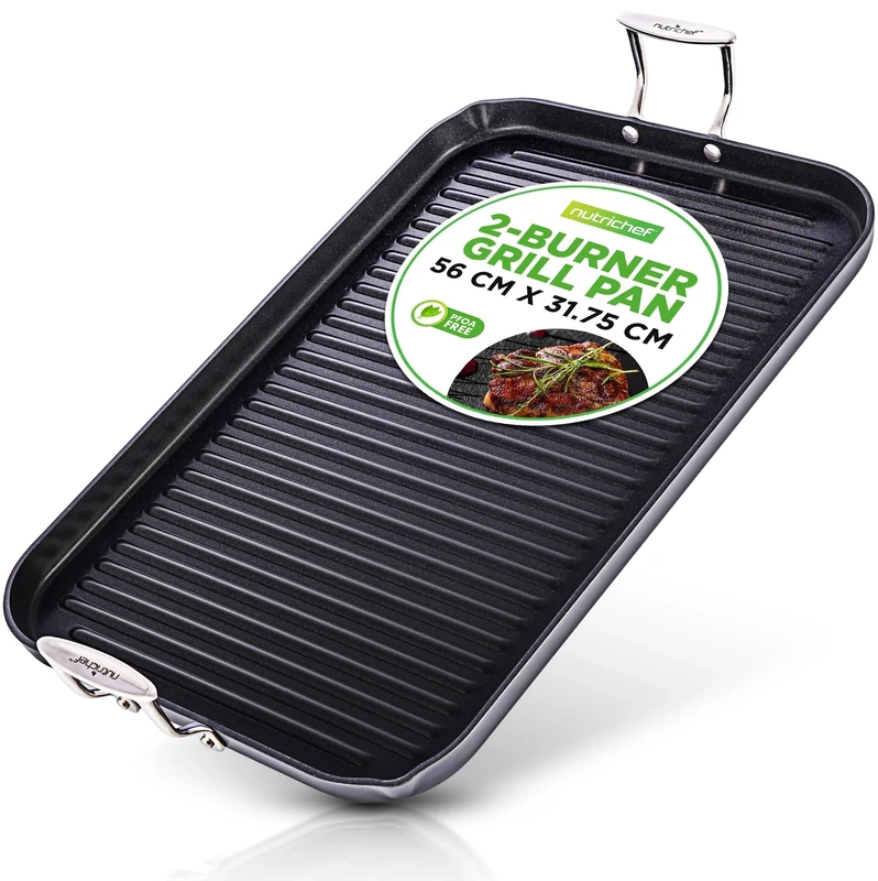 NutriChef Stove Top Griddle Pan - Double Burner, Hard-Anodized Non Stick Grill & Griddle Pan, 50.8 x 33 cm, Black, 20" x 13"