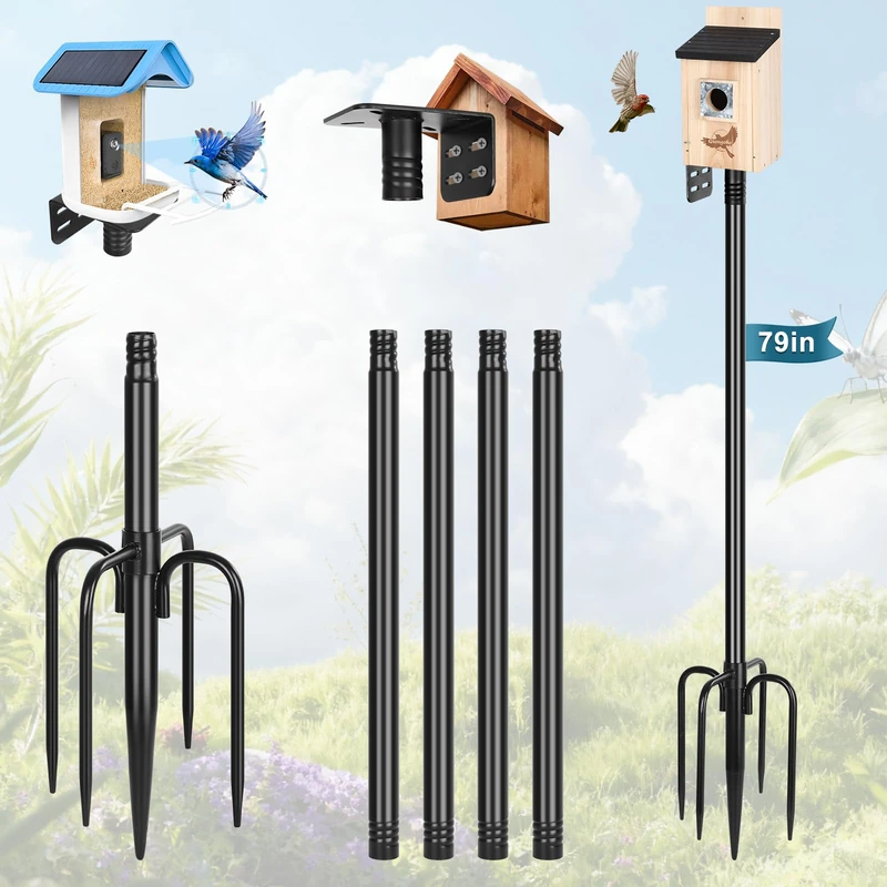 Gtongoko 80 Inch Bird House Pole Kit, Heavy Duty Adjustable Bird Feeder Pole for Outdoors with 5 Prongs Base, Universal Mounting Kit for Bird House and Bird Feeder, Black