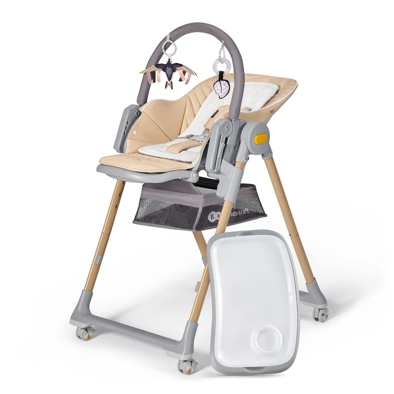 Kinderkraft LASTREE Evolutionary Wooden Folding Baby Highchair, Baby Hammock with Arch 2 Toys, Adjustable Footrest Seat, Lying Position, Beige