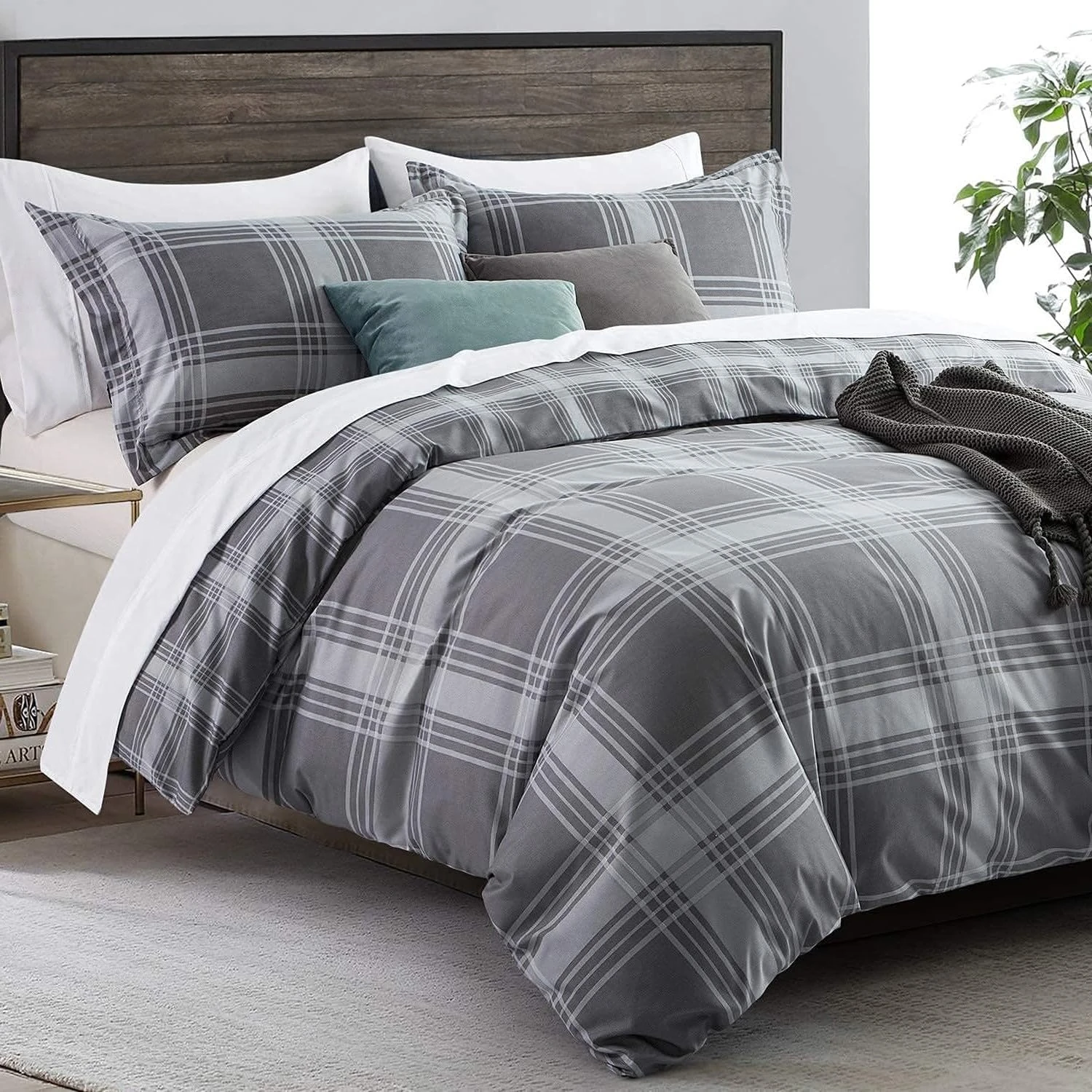 Imperial Rooms Single Duvet Cover Set Soft Printed Bedding Set Premium Brushed Microfiber Duvet Covers with Pillowcase (Grey Check 135x200 CM)