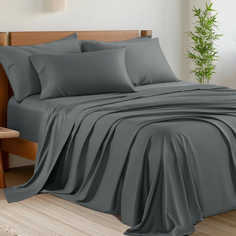 Shilucheng 6-Piece Sheets Set，Rayon Derived from Bamboo_ Sheets, Cooling & Breathable Bed Sheets, Silky Bedding Sheets & Pillowcases, 16 Inch Deep Pockets(King,Dark Grey)