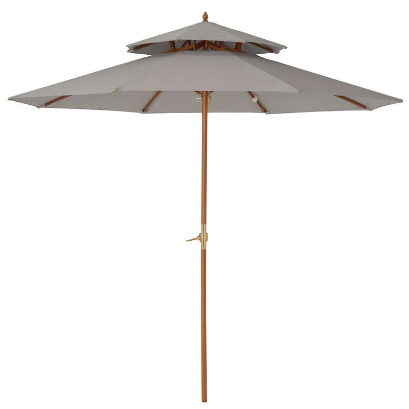 Outsunny 2.7 m Garden Parasol Umbrella, Double Tier Wooden Table Parasol Outdoor Sun Umbrella Sunshade with Crank, Bamboo Ribs, Grey