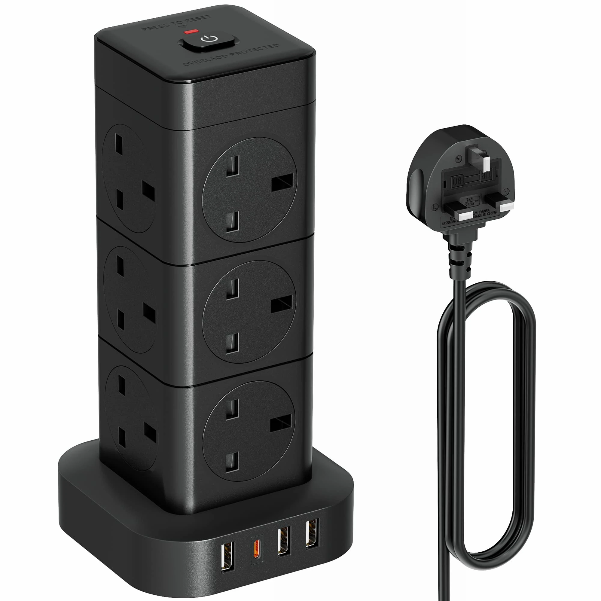 Hulker Tower Extension Lead with 4 USB (Type C & 3 USB) Ports - 12 Way Multi Plug Socket, Black, 2M Cord, 3250W, 13A, Vertical, Switch, Overload Protection