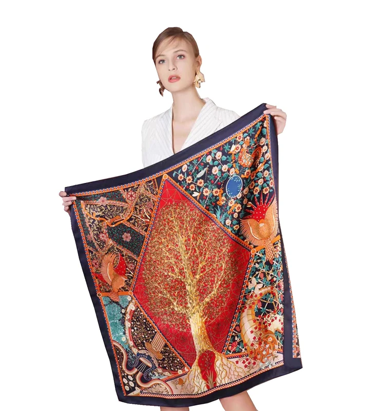 100% Pure Mulberry Silk Scarf 43" Large Square Lightweight Headscarf& Shawl–Women Hair Wraps-With Gift Packed, Navy Plant World, L